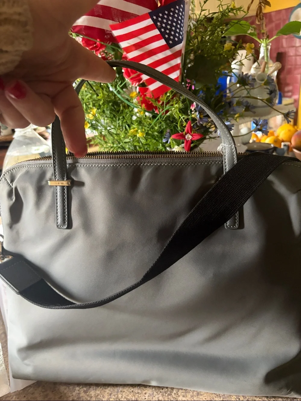 kate spade gray tote with gold hardware